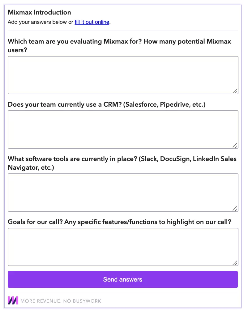 Mixmax sales engagement platform shows how to easily collect information from prospects and customers by embedding a survey in your email.